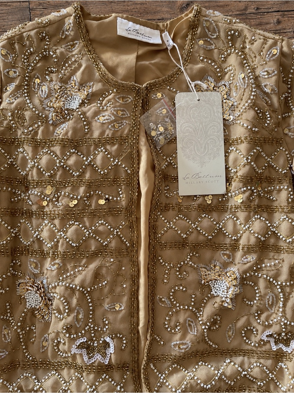 La Bellum Hillary Scott Gold Beaded Jacket NWT Flaw M